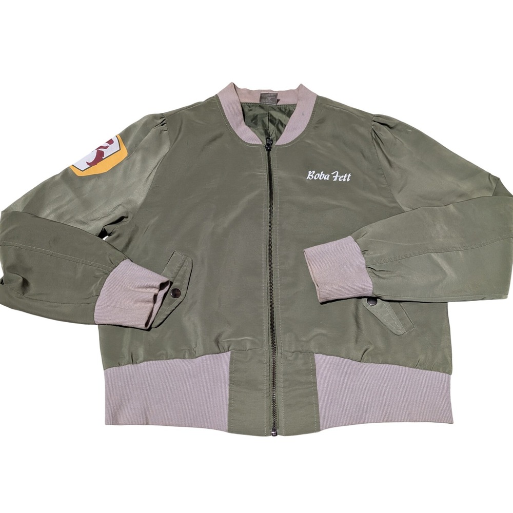 Boba Fett Star Wars Bomber Jacket Women XL Green Puff Sleeve Patch Her Universe